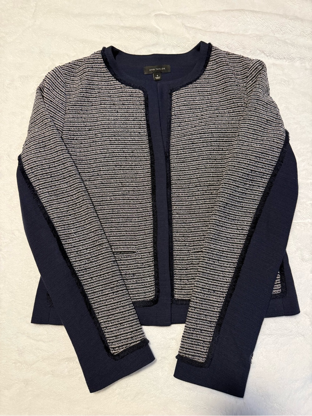 Ann Taylor Navy and Gray Knit Open-Front Blazer